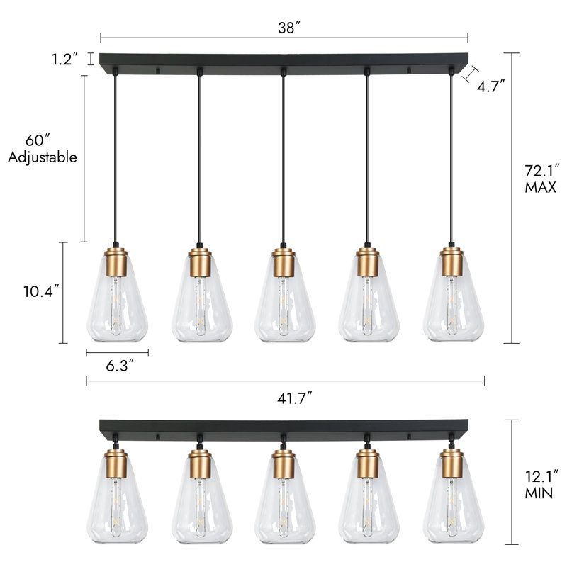 41.7" W 5-Light Dimmable Linear Kitchen Island Pendant With Teardrop Glass Shade