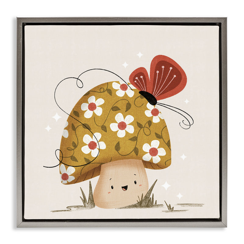 Cadre flottant Happy Mushroom & Butterfly, design par Sarah Hickman, H 25 po x l 25 po, Cadre flottant gris lustré