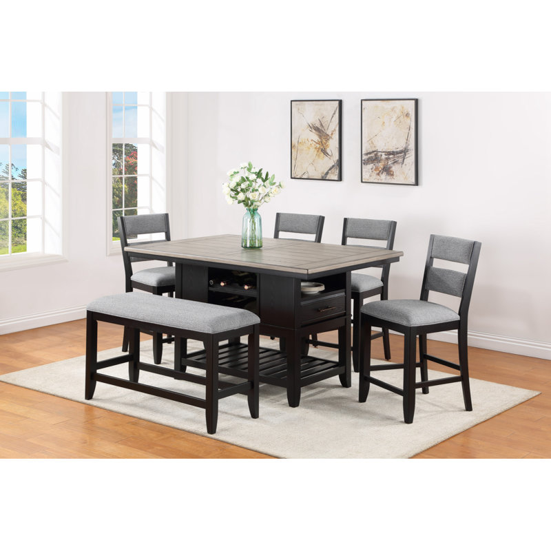 Dining Table Set, Rectangular Table with Wine Bottle Storage, Chairs and 1 Bench, Antique Dark Gray/Black
