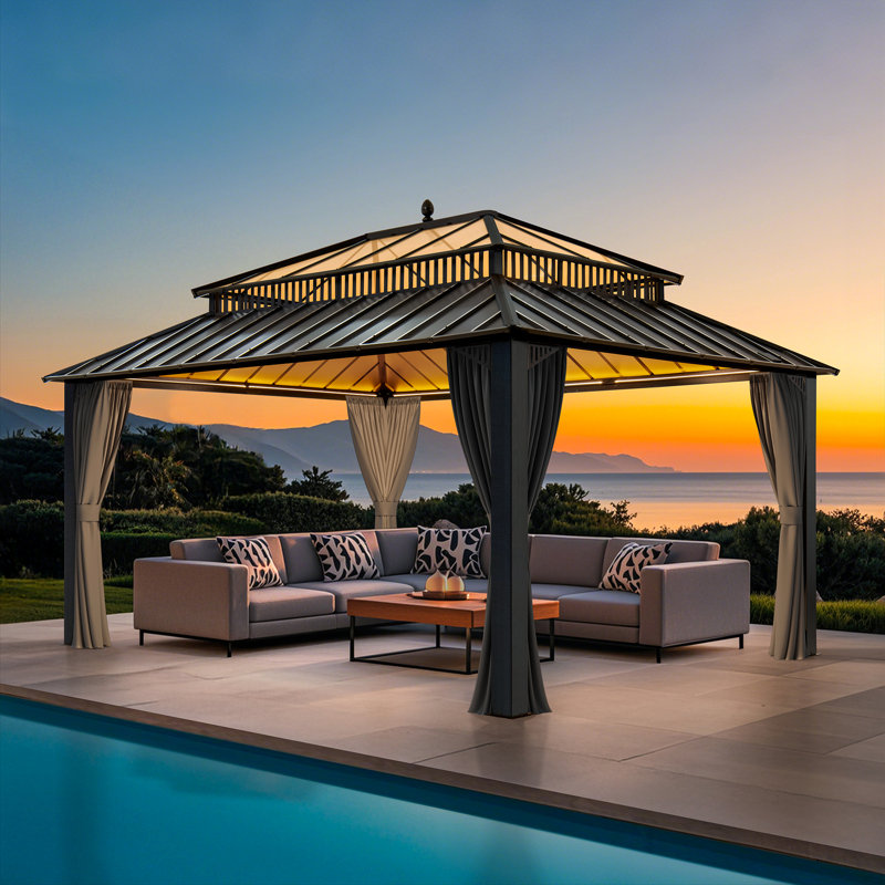 SUNJOY Kingston 16x12 Gazebo, Steel & PC Roof Hardtop Gazebo with Curtain and Netting - Gray Aluminum Posts, Gray