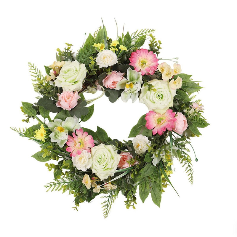 Couronne de fleurs pastel 19,7 "avec roses et marguerites pour la porte d'entrée, Rose/Blanc