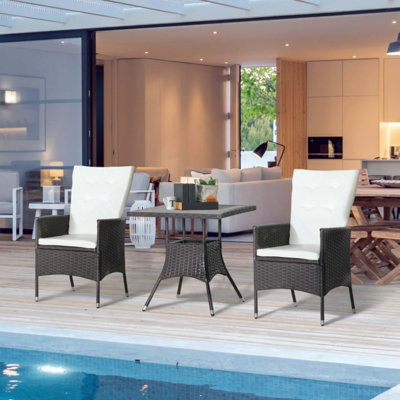 Ensemble de bistro 3 pièces pour patio, ensemble de conversation en osier pour l'extérieur avec coussins capitonnés et table basse pour la cour, la pelouse, le porche, le bord de la piscine et le balcon