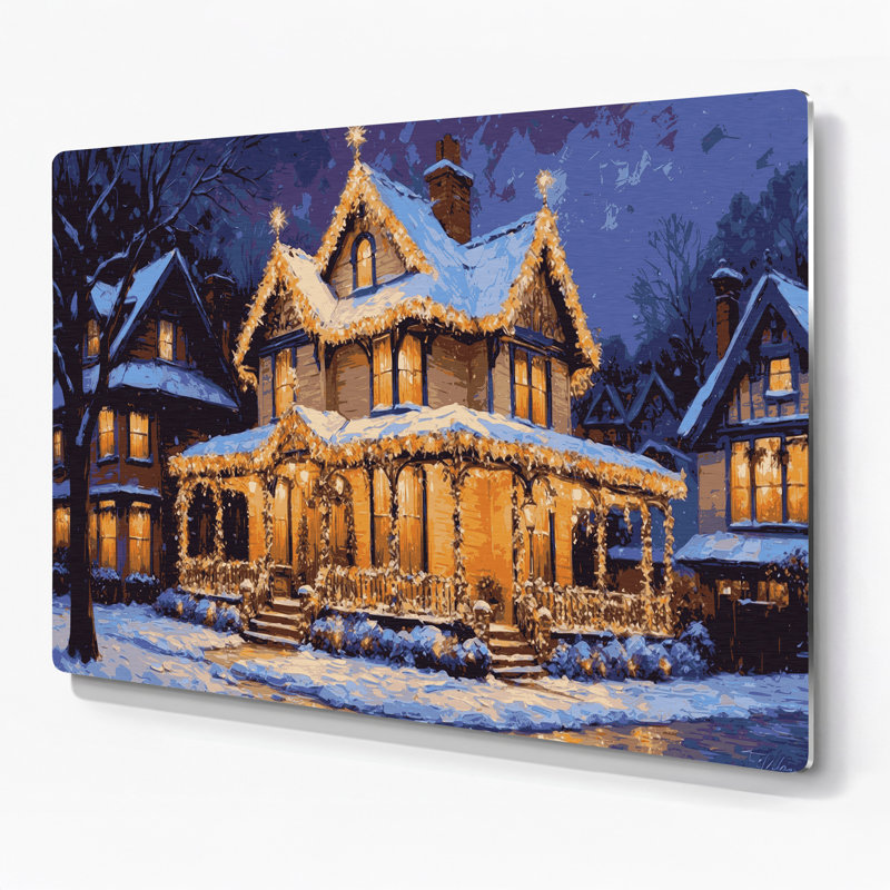 «Christmas Twinkling lumières sur une maison», art mural en métal brun