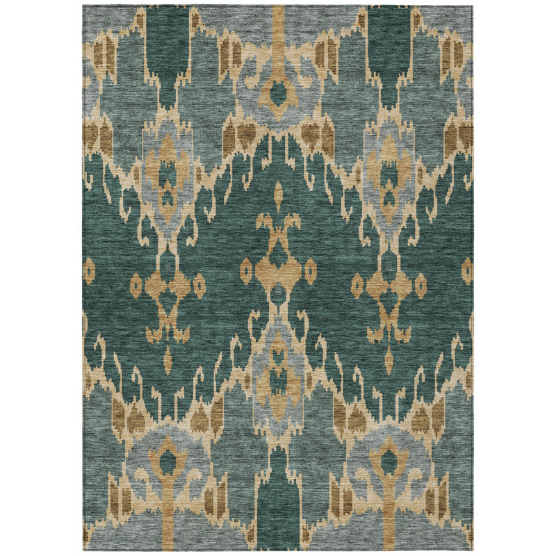 Tapis intérieur / extérieur lavable en ikat gris et or 3 pi x 5 pi