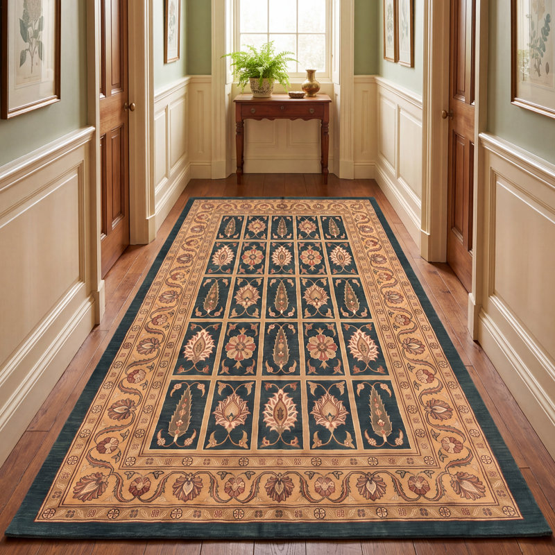 Tapis Denholm traditionnel persan audacieux, de couleur or, vert, crème, ivoire, lavable en machine, antidérapant, à poils courts, pour l'intérieur et l'extérieur, adapté aux animaux domestiques, idéal pour le salon, la chambre, la salle à manger, l'entrée, le couloir ou le bureau.