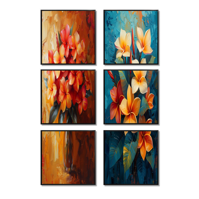 Ensemble de 6 peintures murales orange et rouge Plumeria Vibrant Bouquet, Impression encadrée sans passe-partout, Noir