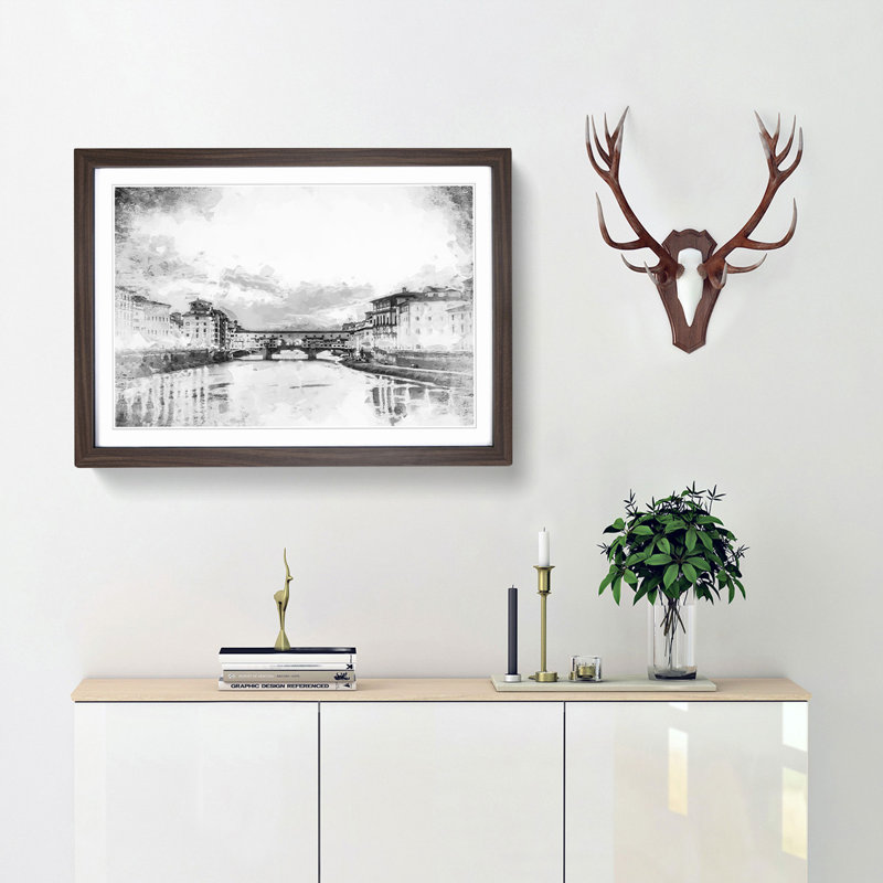 Ponte Vecchio Bridge in Florence Italy - Framed Print, 60cm H x 91cm W x 2cm D, Walnut