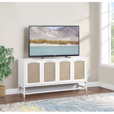 Wooden 4 Door White Media Credenza Sideboard With Brown Woven Rattan Doors And Metal Base