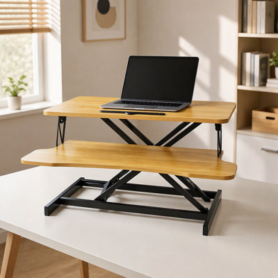 32 Inch Desk Converter, Height Adjustable Sit to Stand Riser, Dual Monitor and Laptop Workstation with Wide Keyboard Tray, Standing Computer Desk, Nat