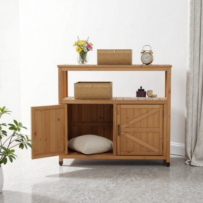 Solid Wood Patio Storage Cabinet & Bar Table - Outdoor/Indoor Buffet Sideboard