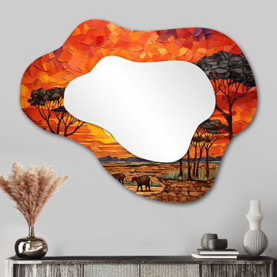 Savannah Sunset in African Safari Hues 2 - miroir décoratif en mosaïque Boho, grand miroir mural asymétrique bohémien, impression sur métal