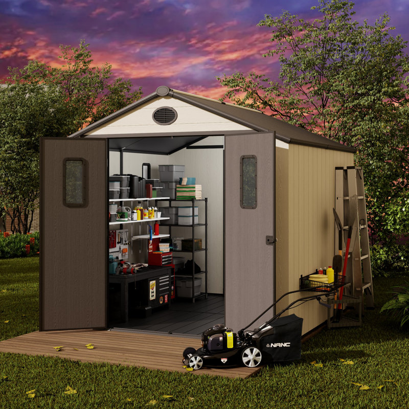 8ft×8ft Resin Storage Shed, Outdoor Storage Shed With Floor and Double Doors for Garden Patio Furniture and Tools