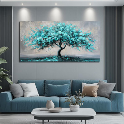 Large Wall Art For Living Room Canvas Wall Decor For Office Wall Decorations For Bedroom Pictures Artwork Blue Green Tree Painting Framed Ready To Hang Aesthetic Decor 24" X 48"