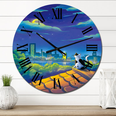 Moon Night Cat and Moon City Scene - Industrial Wall Clock