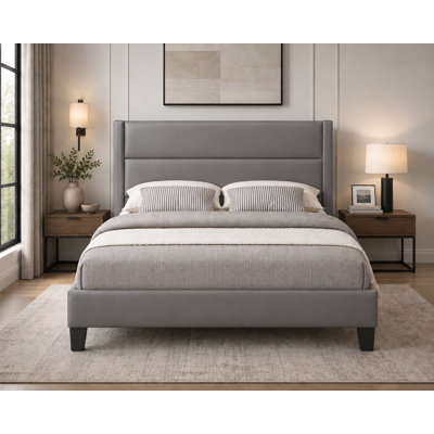 Lit plateforme tapissier avec tête de lit capitonnée horizontale, gris, grand