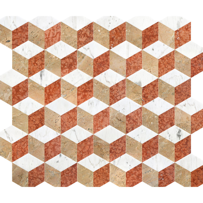 Hexagon Water - Carreaux de marbre jet en or blanc rouge, naturel et poli pour plancher de projet commercial, 12 pièces par boîte, quatre motifs de face,