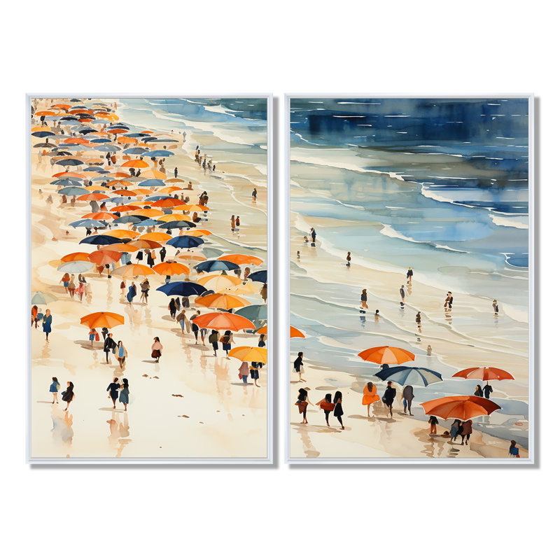 «Orange Umbrella Beach Day Tranquitt III - Beach Beach People», art mural, H 36 po x l 48 po, Impression encadrée flottante