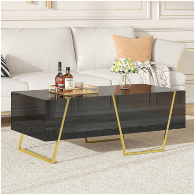 Table basse rectangulaire moderne à 4 tiroirs et base dorée pour rangement élégant dans le salon, noire, 47,2 pouces