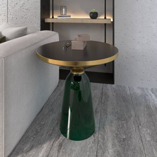 19" Round Side End Table Glass/Sintered Stone Top With Brushed Gold Rim And Tempered Glass Base