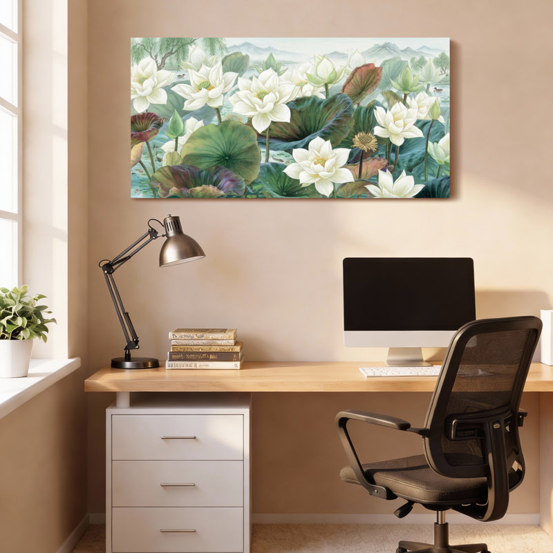 Ensemble de 1 tableau sur toile tendue représentant un paysage de fleurs et de feuilles de lotus, 4824