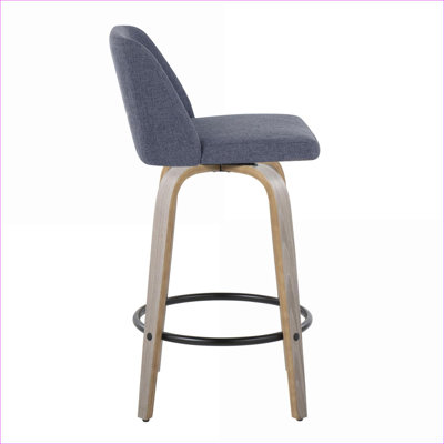 Ensemble de 2 chaises de salle à manger à hauteur de comptoir fixe LumiSource de 26 po, pivotant à 360 °, tabourets en bois gris clair et tissu bleu ciel avec repose-pieds en métal noir pour adultes