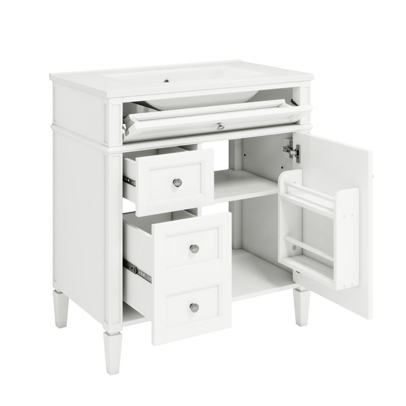 Meuble-lavabo de 30 po avec lavabo en céramique, armoire moderne à 2 tiroirs et nombreuses tablettes, superbe meuble-lavabo, rangement dissimulé contemporain, tendance