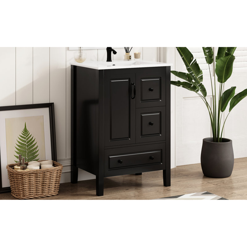 Meuble-lavabo noir de 24 po avec lavabo central en céramique à un trou, armoire à fermeture douce et porte d'armoire autoportante à 3 tiroirs