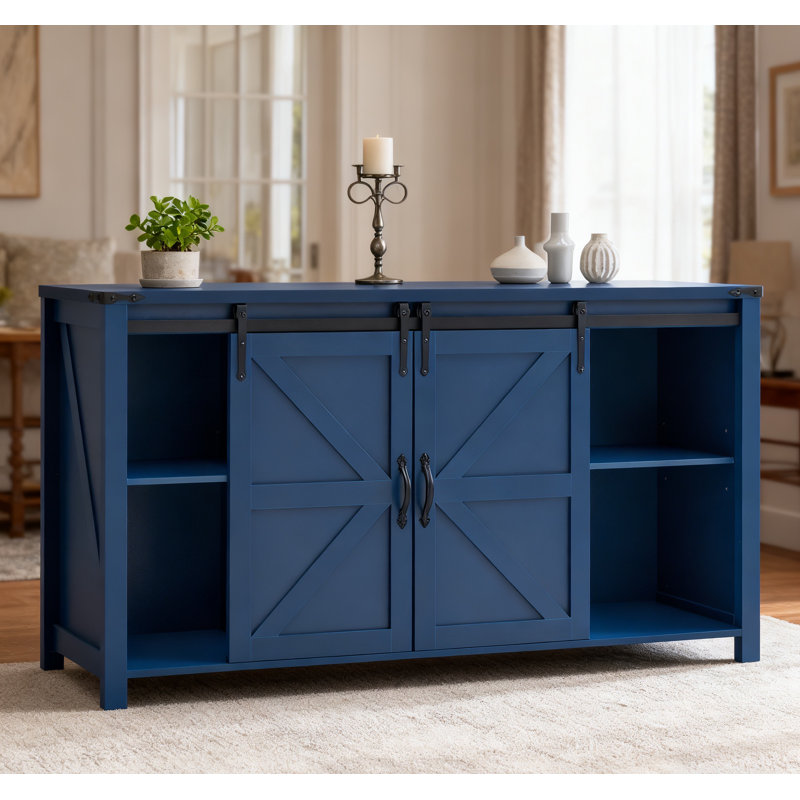 55.1-Inch Sideboard With Storage,Farmhouse Storage Cabinet With Sliding Barn Doors And 4 Drawers, Wood Buffet Table With Power Outlet,Navy Blue