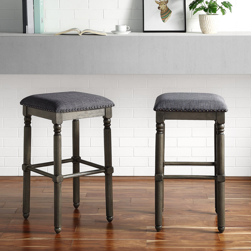 2 tabourets de bar rembourrés en bois gris - chaise de salle à manger rustique chic, siège en mousse confortable, bois d'hévéa massif, revêtement gris, tabourets à garniture bronze, sièges rembourrés en mousse, l 16 po x P 16 po x H 29,27 po