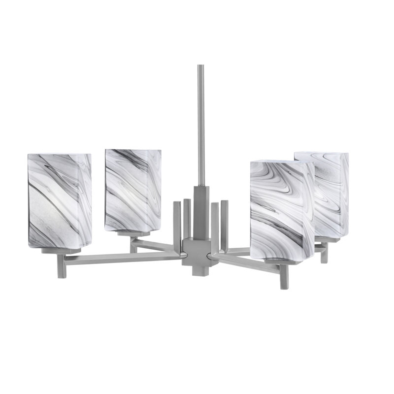 Franklin 4 Light, Chandelier, Graphite Finish, 3.5" Square Onyx Swirl Glass, Nickel