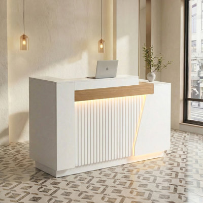  63"L-Shaped Modern Reception Desk With Locking Drawer, LED Lights & Built-In Outlets, For Cashier Counter, Salon, Office And Customer Service Front Desk