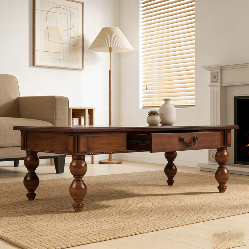 Wooden Coffee Table with Storage Drawer, Walnut