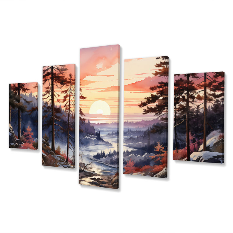Pin, horizon d'hiver - Art mural sur toile de pin - 5 panneaux