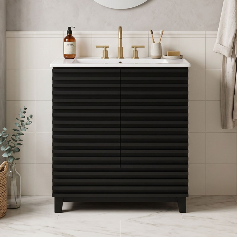 Freestanding Standard Free Standing Single Double Single Vanity Bathroom Vanity With Ceramic Top, Black