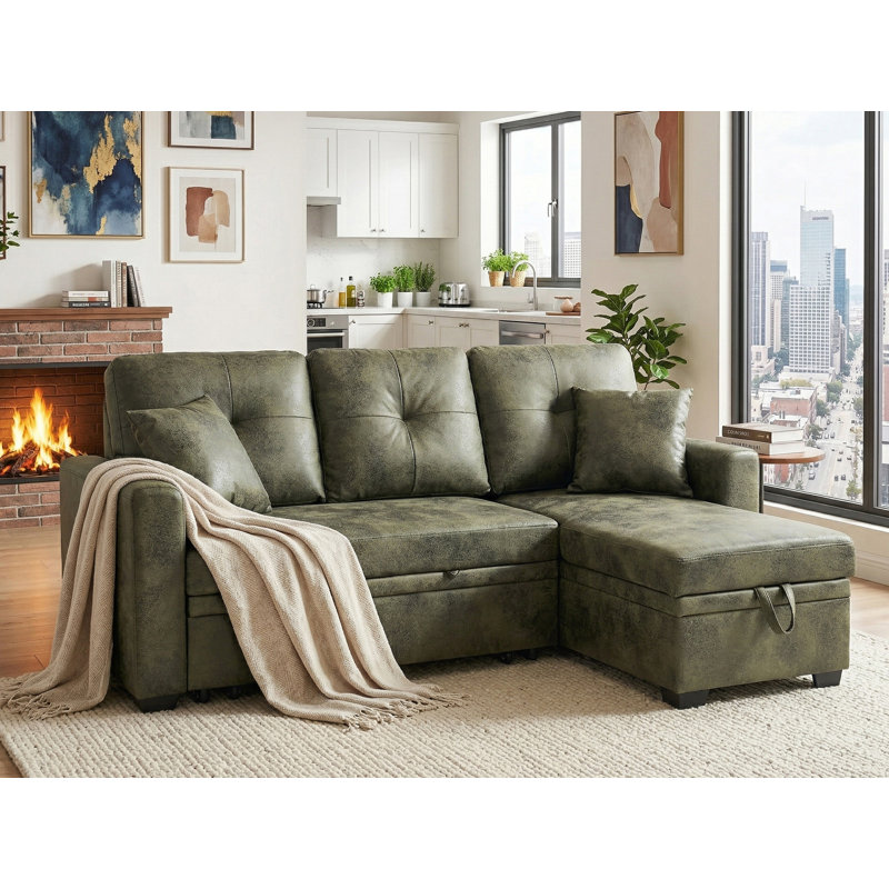 Canapé-lit tapissier en L 71 po, Olive estampée à chaud