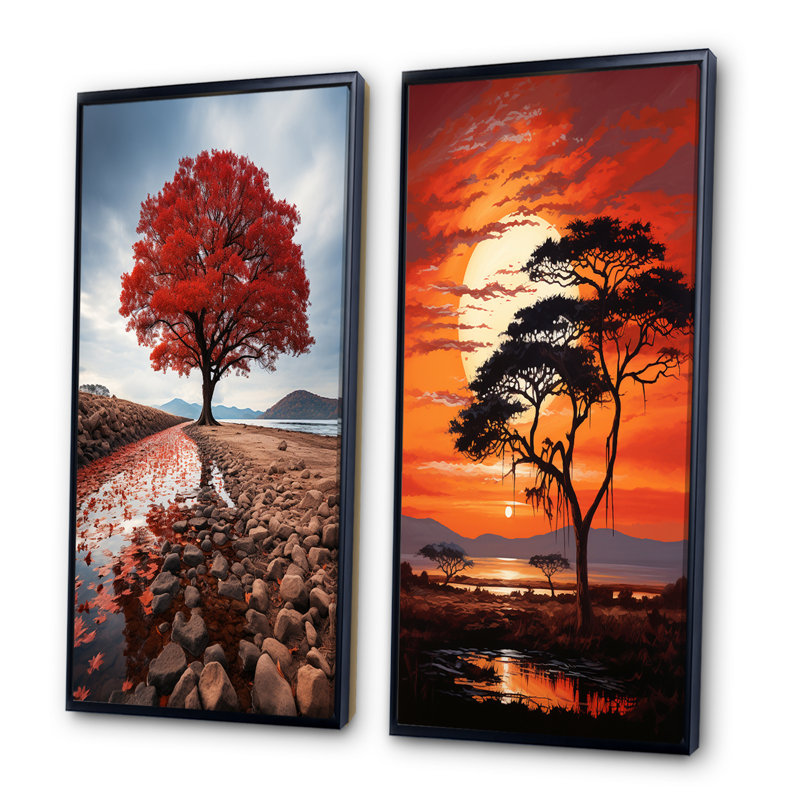 «African Tree Orange Sunset Majesty», 2 pièces, H 32 po x l 32 po, Cadre noir