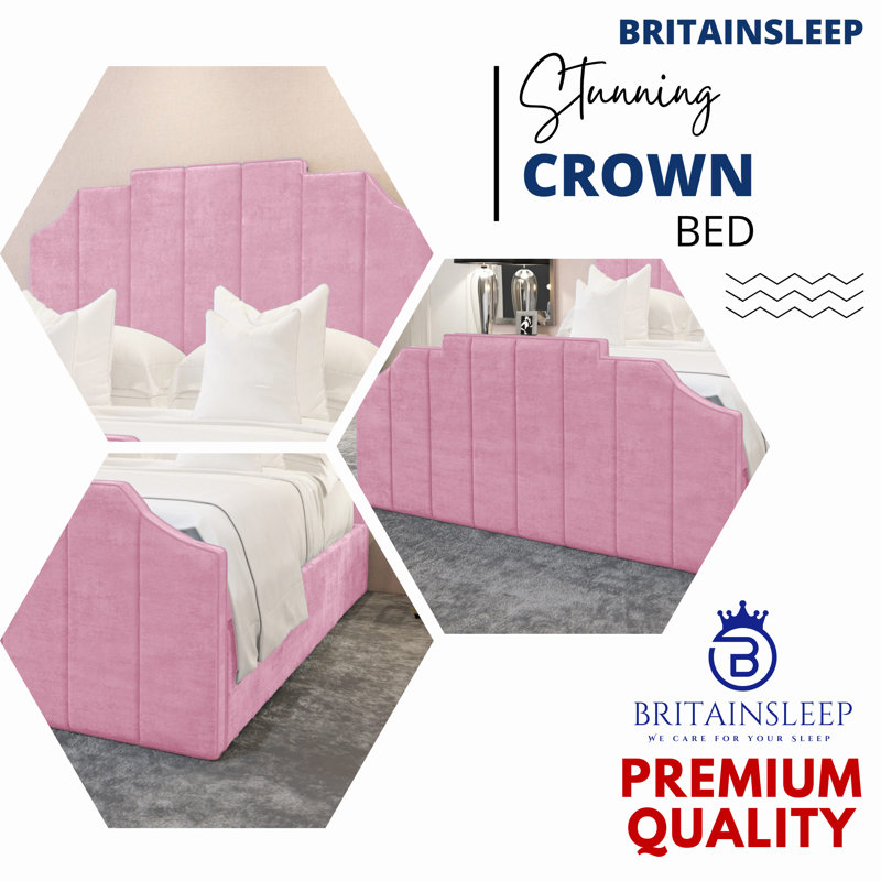 Annalei Regal Velvet Upholstered Bed Frame - Shaped Headboard, Chrome Feet, Kingsize (5'), Pink