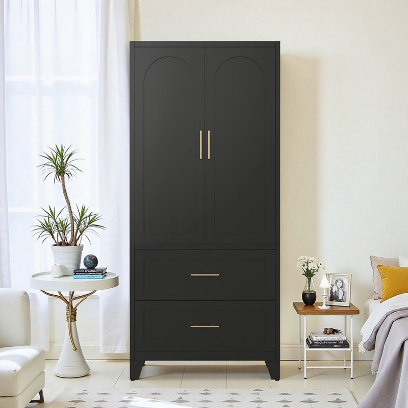 71? White Metal Wardrobe Cabinet With Drawers, Black 