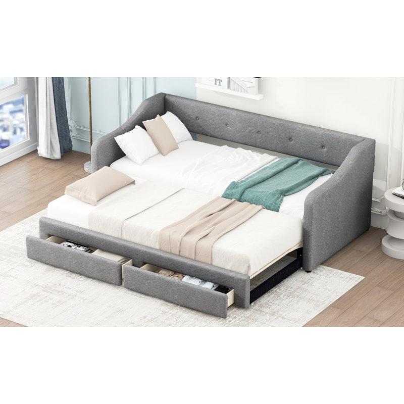 Lit de jour rembourré gris de taille simple TG à très grand lit avec 2 tiroirs - Lit chic et fonctionnel pour tous les tiroirs de la pièce, espace attrayant et confortable