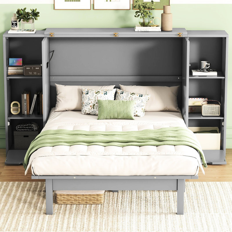 Grand lit avec tablettes, tiroirs et rangement pour tablette, Grand lit, Gris