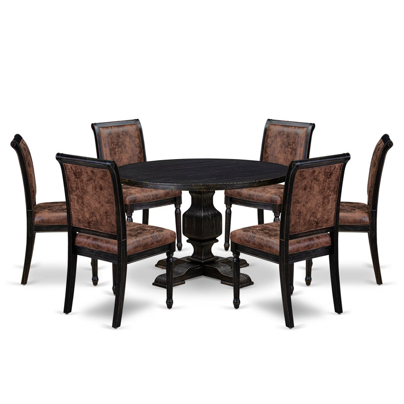 Cet ensemble de salle à manger 7 pièces se compose d'une table ronde moderne et de 6 chaises en polyester texturé brun avec dossier haut, finition noire sablée.