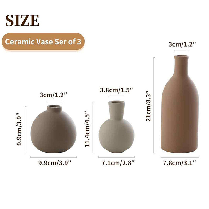 Set of 3 Brown and Beige Ceramic Vases
