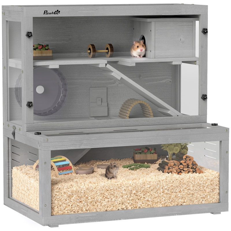 3 Tier Wooden Hamster Cage with Hut Wheel Ramps 80 x 50 x 84 cm