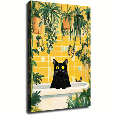 Chat noir amusant dans une baignoire entouré de plantes tropicales d'intérieur - Grande toile tendue sur châssis pour salon ou chambre