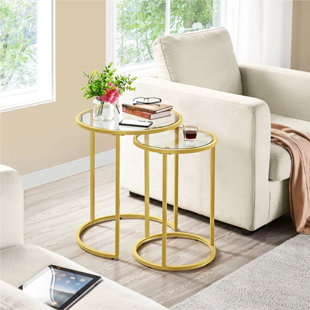 Round Metal Nesting End Table Set of 2 with Glass Top