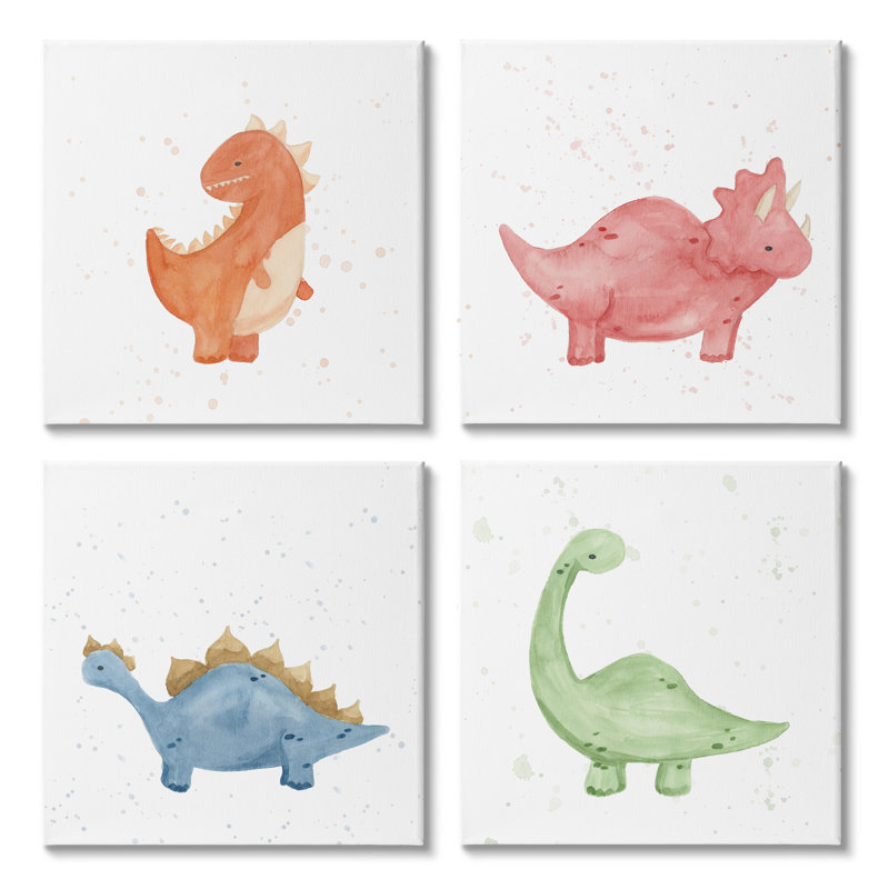 «Fun Nursery Dinosaurs Animals» par Lucille Price - ensemble de 4 impressions, H 34 po x l 34 po x P 1,5 po, Toile tendue