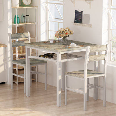 Ensemble de table de salle à manger 3 pièces pour 2 personnes avec support de rangement intégré, petite table de cuisine en bois et 2 chaises à dossier avec structure en métal, ensemble de coin-repas carré Farmhouse pour petit espace salle à manger, appartement