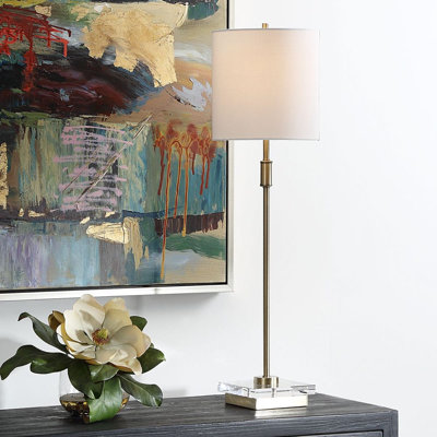 Antique Brass Metal Buffet Lamp with Crystal Base and White Linen Shade 32 H