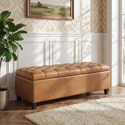 Banc repose-pieds avec rangement, polyuréthane brun, pieds en bois d'hévéa, capacité de 300 lb