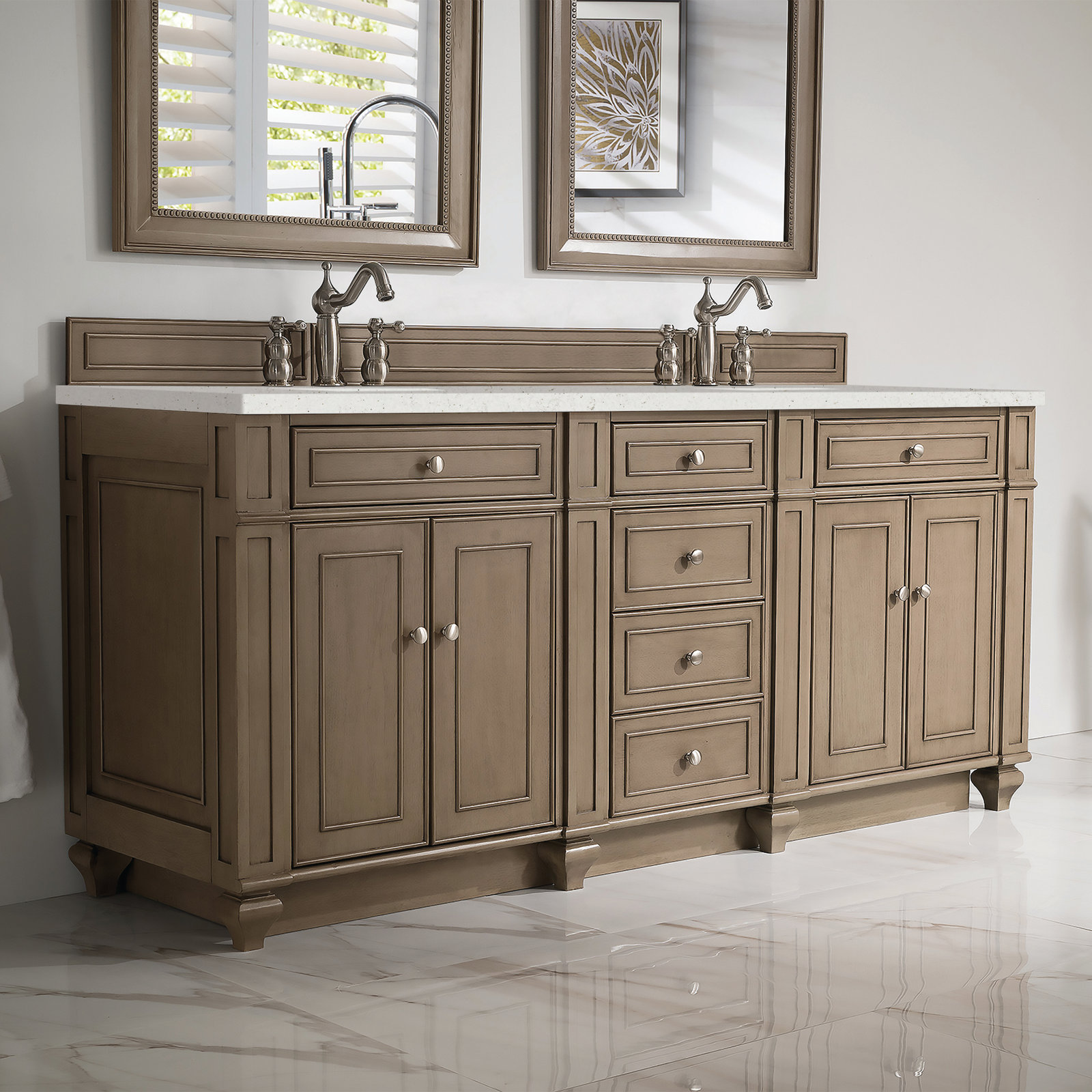 Calisto 72" Double Bathroom Vanity, Whitewashed Walnut, Lime Delight, 8" Widespread